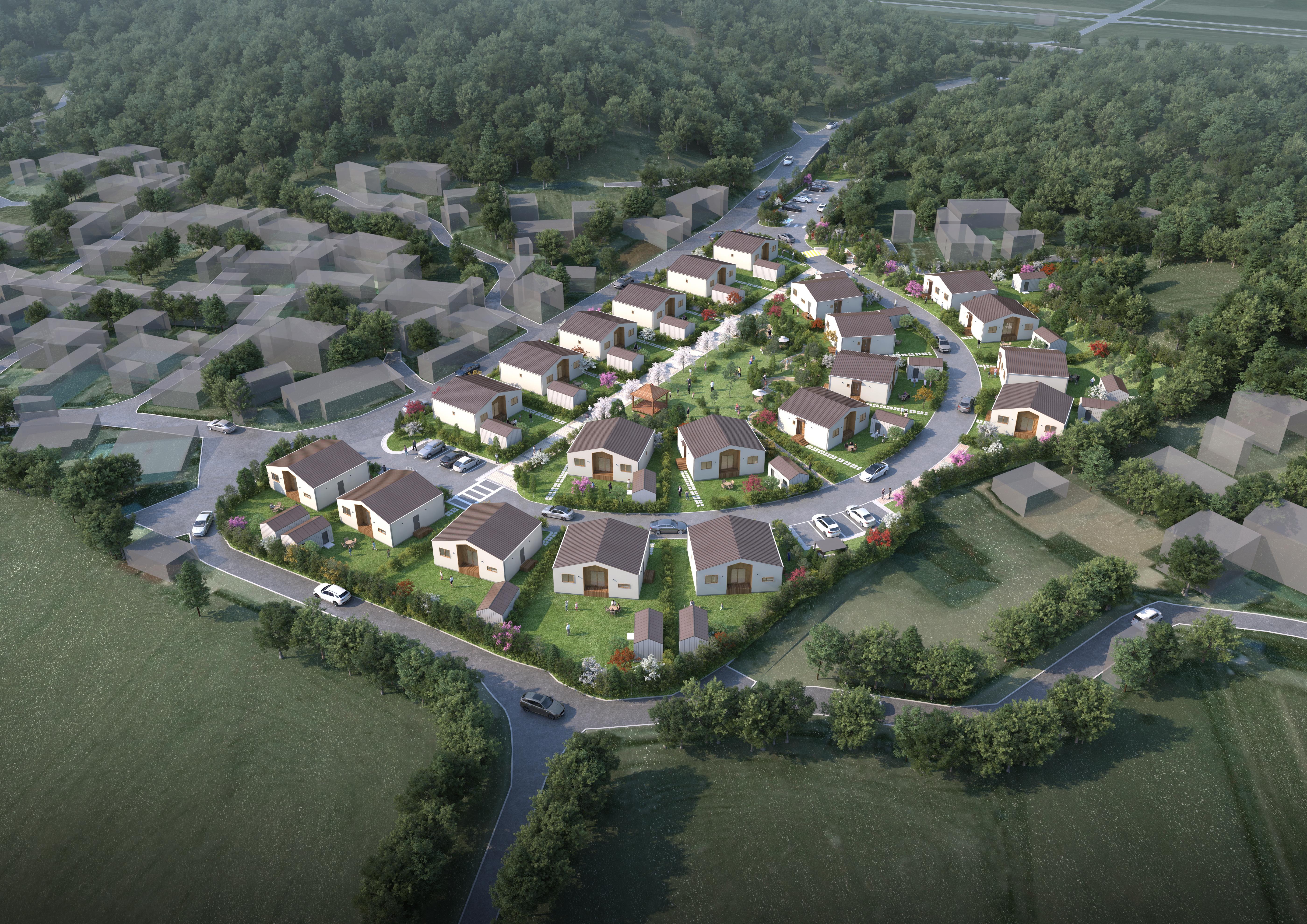 보령 청라농공단지 조성사업 조감도. 산지와 농경지 사이에 위치하며, 파란 지붕의 공장·창고·사무동 건물들이 배치된 모습과 도로, 녹지, 주변 농경지가 함께 보임